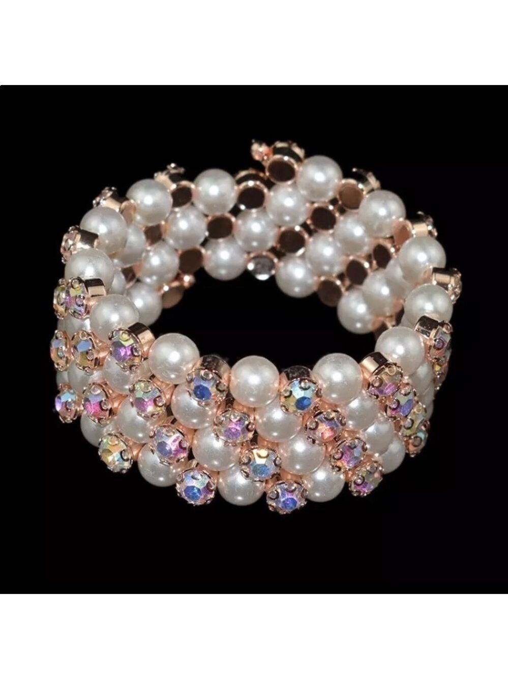 Pearl Gold or Silver Plated Crystal/Rhinestone Multi-layer Cuff Bangle B… - Picture 1 of 2